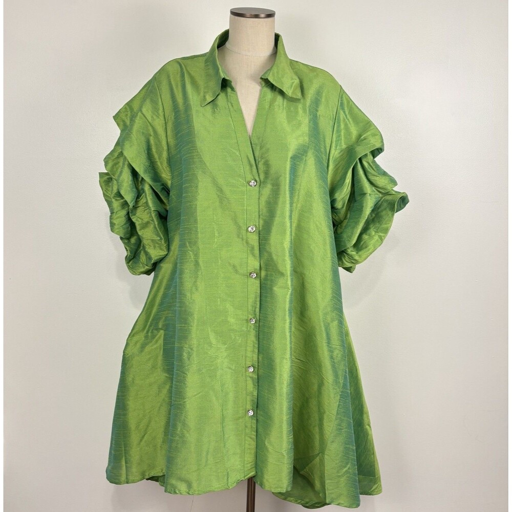 Step in Style Ruffle Sleeve Button Tunic Dress 3X Iridescent Green Swing Hi-low